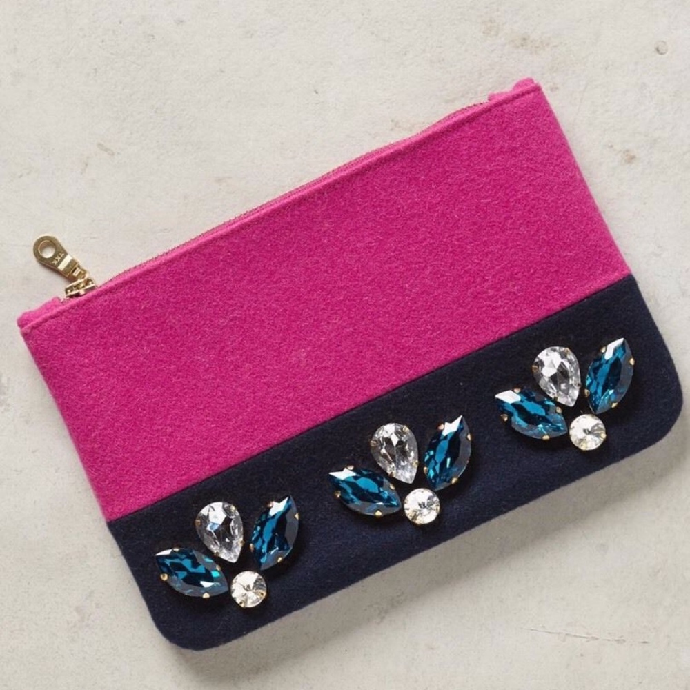 Anthropologie Gem Drop Zip Felt Jeweled Clutch bag